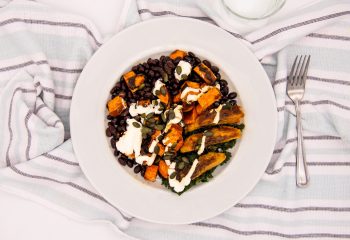 Vegan Mole Bowl with Plantains, Green Chile Black Beans, Kale, and Cashew Cream