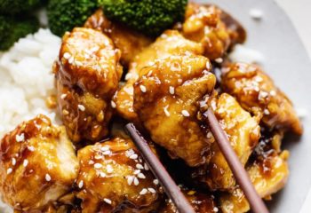 Honey Sesame Almond Chicken Non-Fried Rice Chop Suey and Sweet & Sour Broccoli