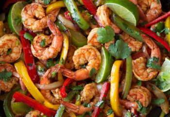 Shrimp Fajitas with Bell Peppers, Onions, Cilantro Rice, and Zucchini