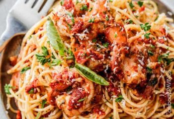 Tomato Basil Shrimp over Spaghetti Squash and Lemon Garlic Green Beans