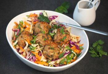 Tex-Mex Turkey Meatballs with Almond Garlic Green Beans and Coleslaw