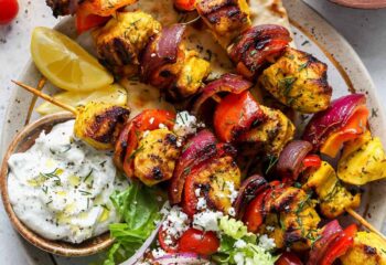 Chicken Kebab with Tzatziki Moroccan Couscous and Asparagus